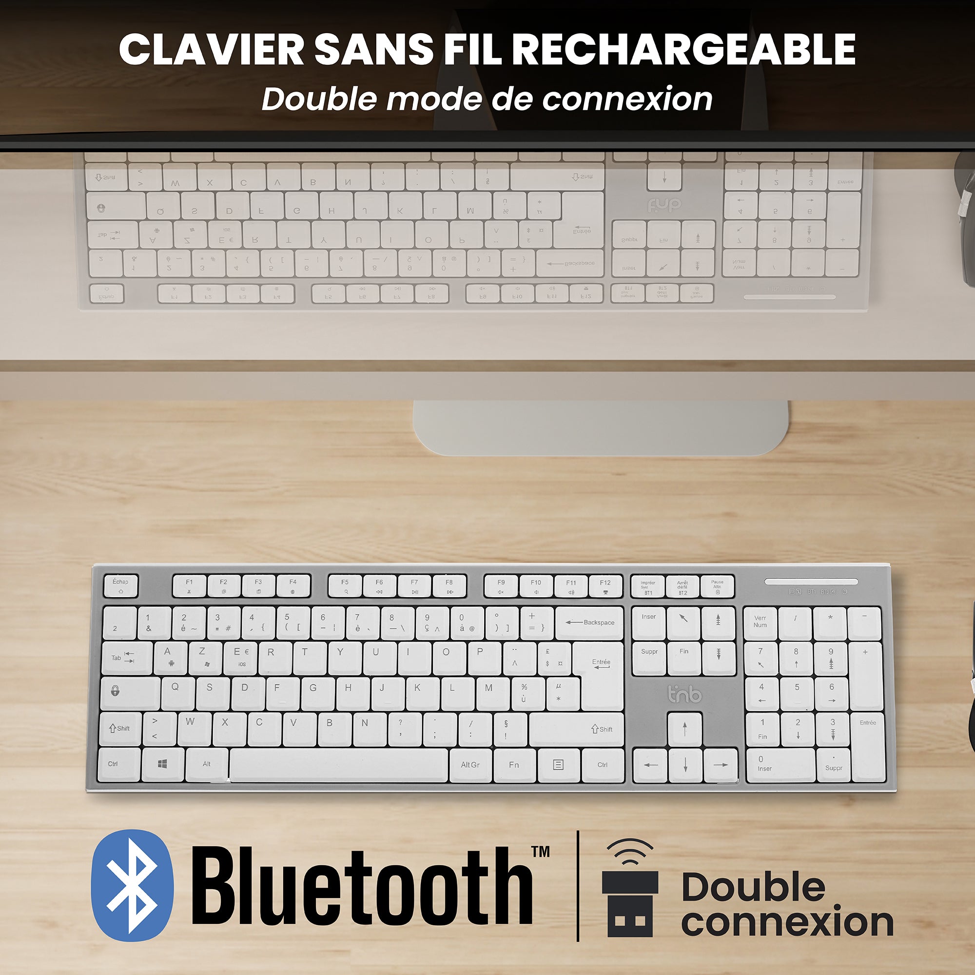 Rechargeable wireless keyboard Bluetooth + USB-A 2.4 Ghz - AZERTY (FR)